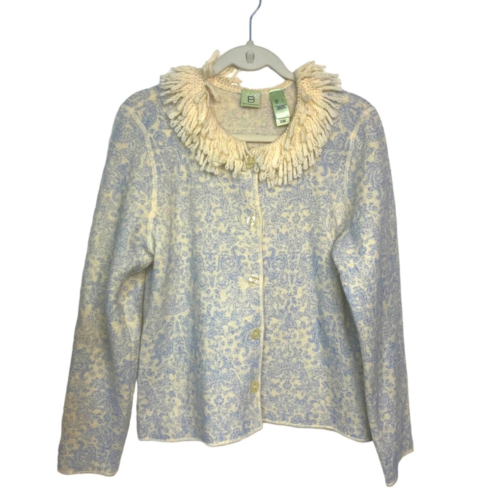 Paisley‎ Fringed collar 100% wool cardigan by Belongings. Sz LG Mint condition